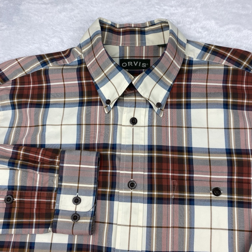 Orvis Men's XL Heavyweight Outdoor Shirt Burgundy Tan Plaid Long Sleeve